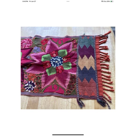 Antique Table Runner 90”x15” Vibrant Colors Intricate Embroidery Floral and Star - Picture 9 of 12